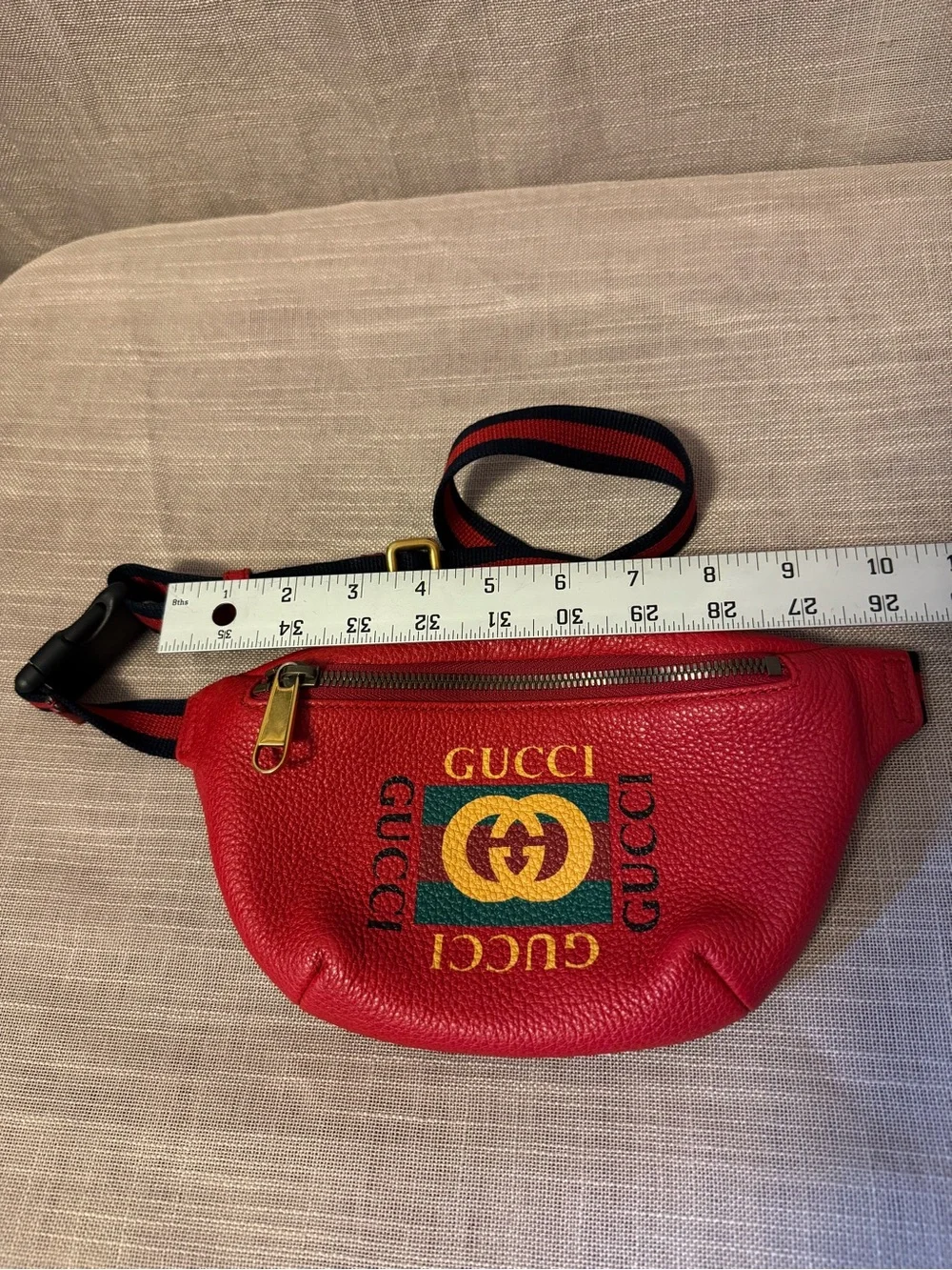 Gucci Red Leather Belt Bag with Green and Yellow Logo